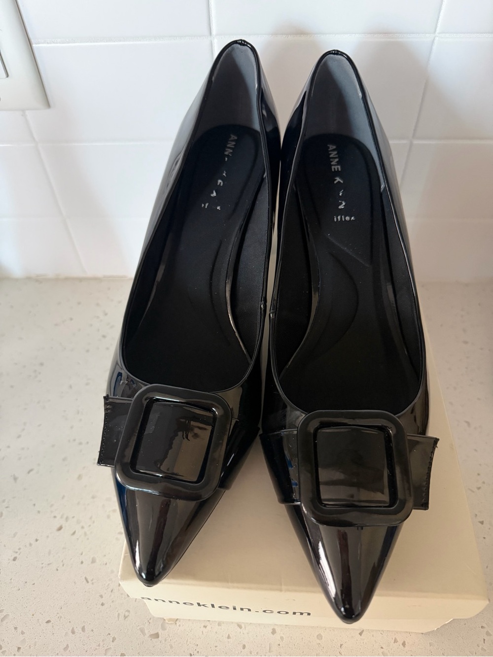 Anne Klein Black Patent Pointed-Toe Heel with Buckle Accent